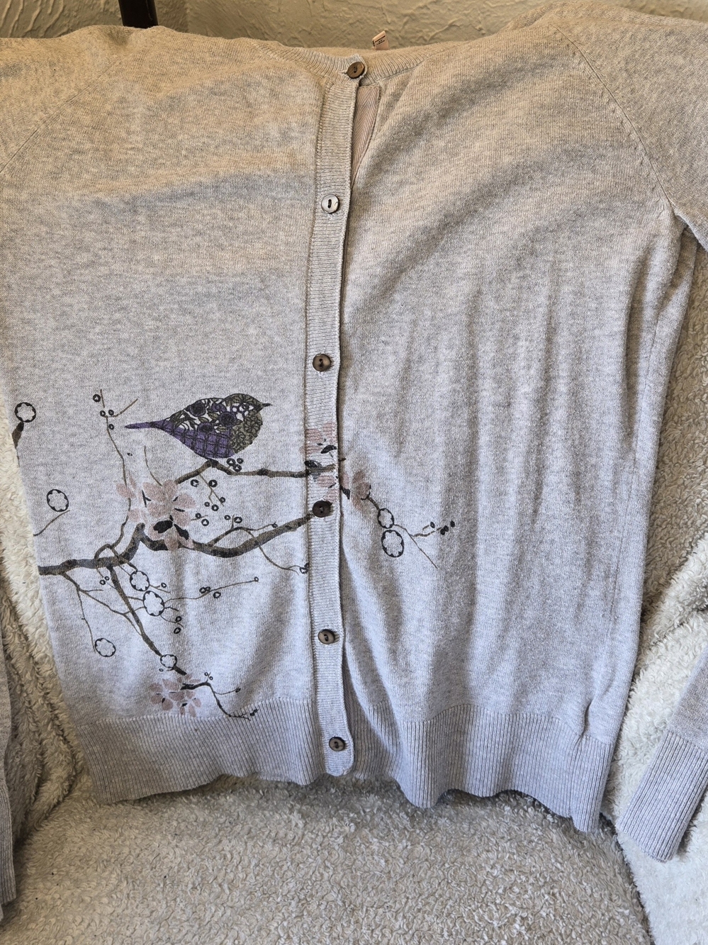 Fleur De Vie Light Gray Women's Button-Front Sweater Cardigan with Bird Print